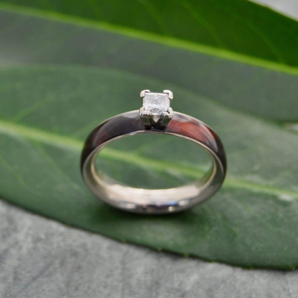 Princess cut diamond wood engagement ring with koa wood and white gold side profile