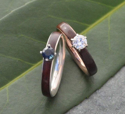 Sapphire and koa wood engagement ring with white gold top view