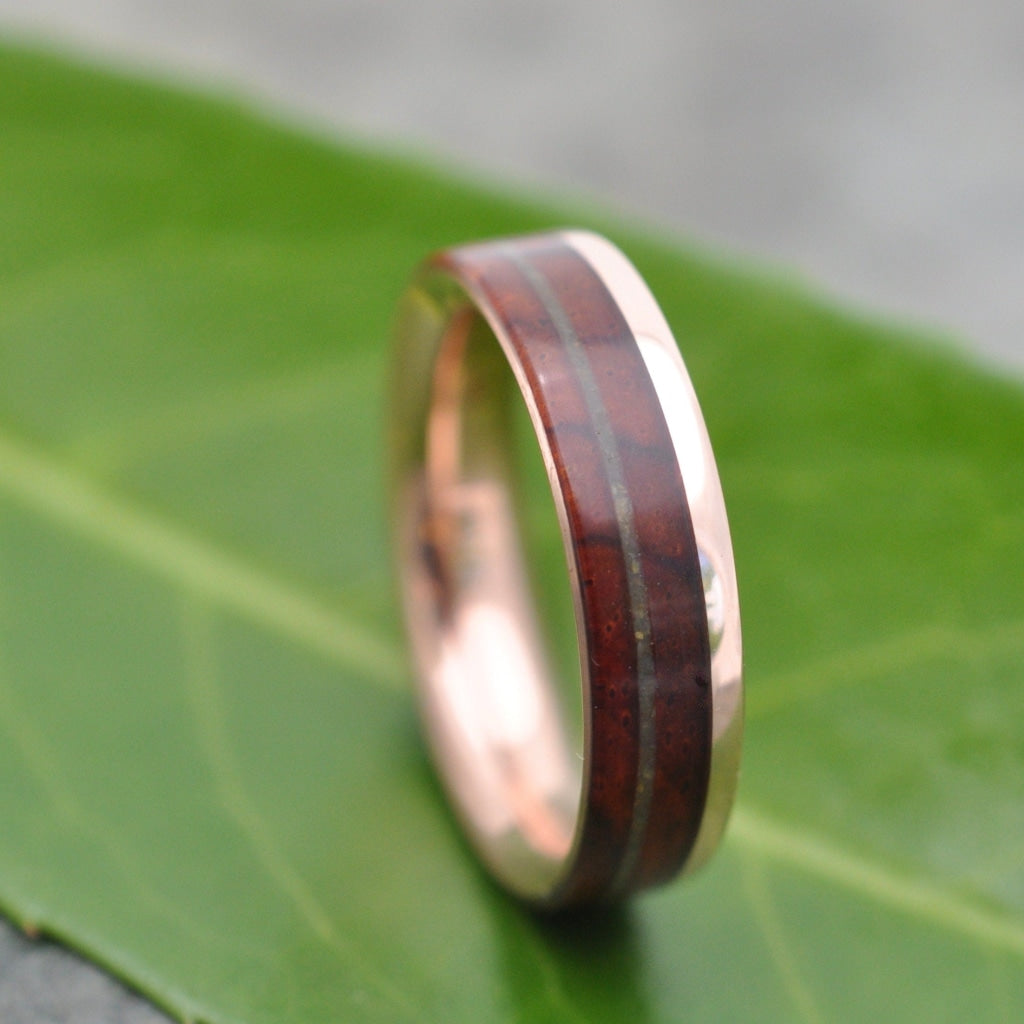 Unique wedding ring with koa, jadeite and recycled 14k yellow gold