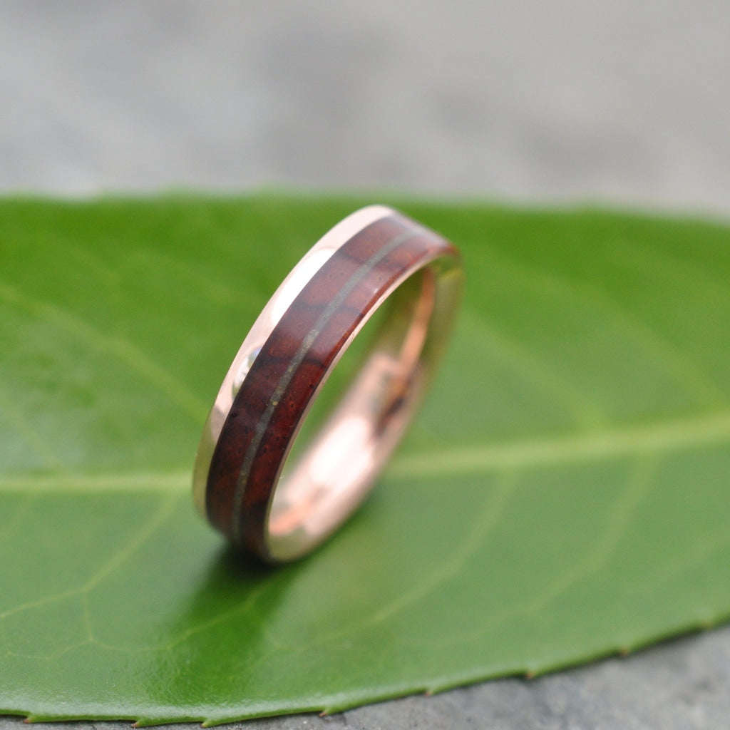 Koa wood and jade ring with recycled yellow gold, comfort fit wedding band