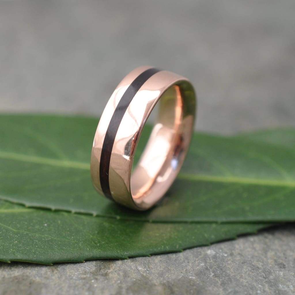 Handcrafted koa wood wedding ring with recycled rose gold, Equinox design