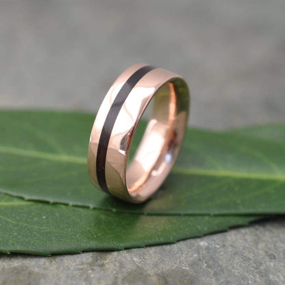 Handcrafted koa wood wedding ring with recycled rose gold, Equinox design