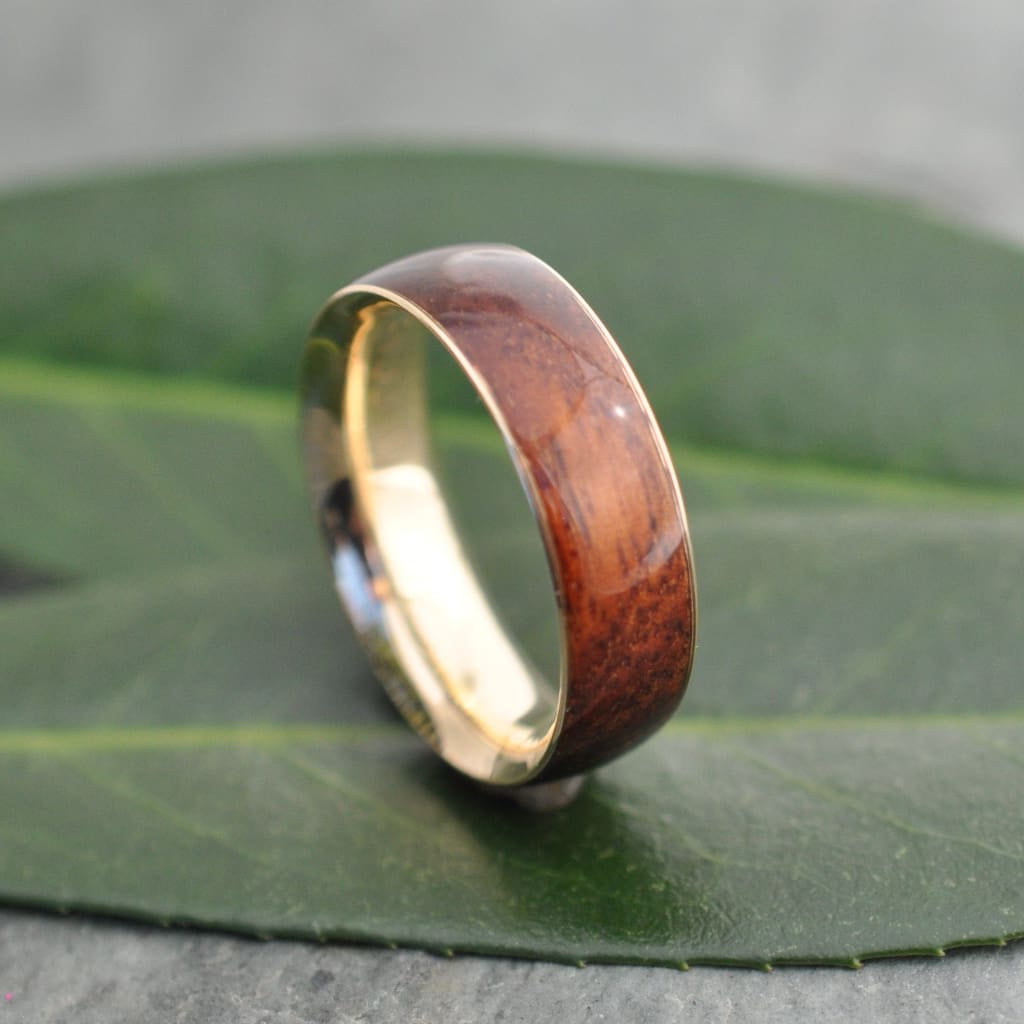 Yellow gold wood ring with Hawaiian koa inlay, comfort fit