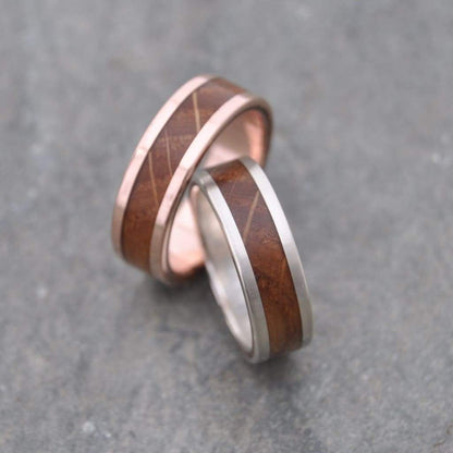 Rose Gold Bourbon Barrel Wood Wedding Ring, Lados - Naturaleza Organic Jewelry & Wood Rings