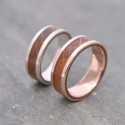 Rose Gold Bourbon Barrel Wood Wedding Ring, Lados - Naturaleza Organic Jewelry & Wood Rings