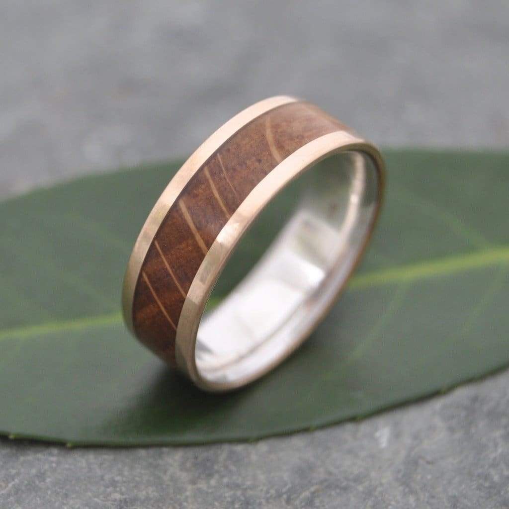 Bourbon barrel wedding band with 14k yellow gold exterior and sterling silver inner band, Lados design
