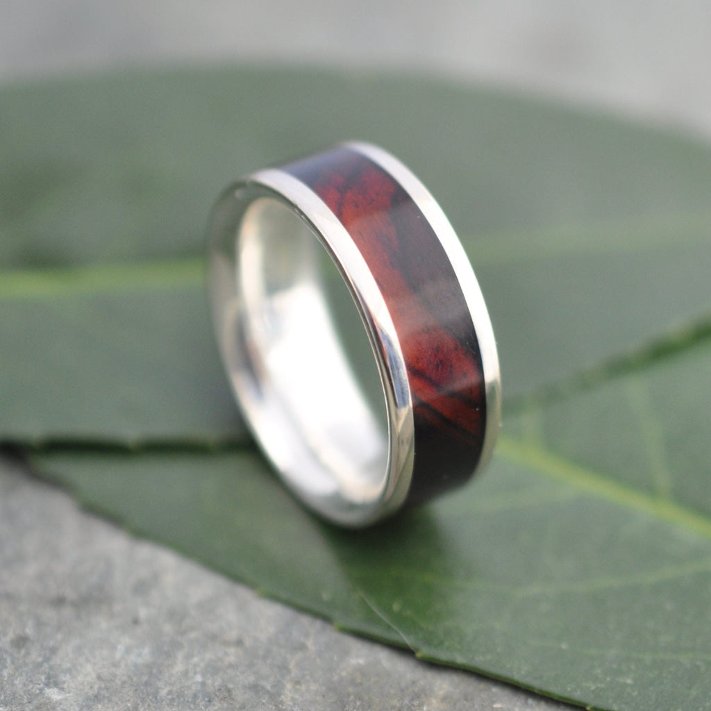 Cocobolo Wood Ring with Sterling Silver Inlay Ring Silver Wood Inlay Wedding Band Eco-Friendly Wedding Band Mens Woman Wood Ring