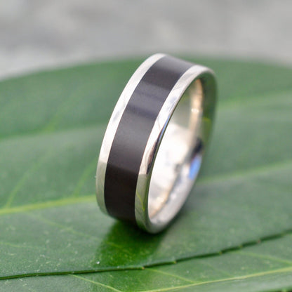 Lados Comfort Fit Lados Coyol Wood Sterling Silver Edges Wedding Ring, wood wedding ring, handcrafted in Louisville KY.