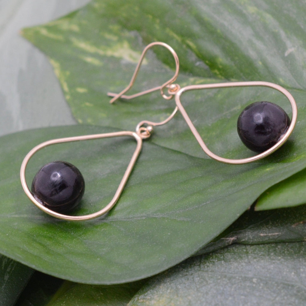 Lagrima Earrings with Patacón Seed and Yellow Gold - teardrop dangle goldr earrings ecofriendly earrings organic earrings black pearl