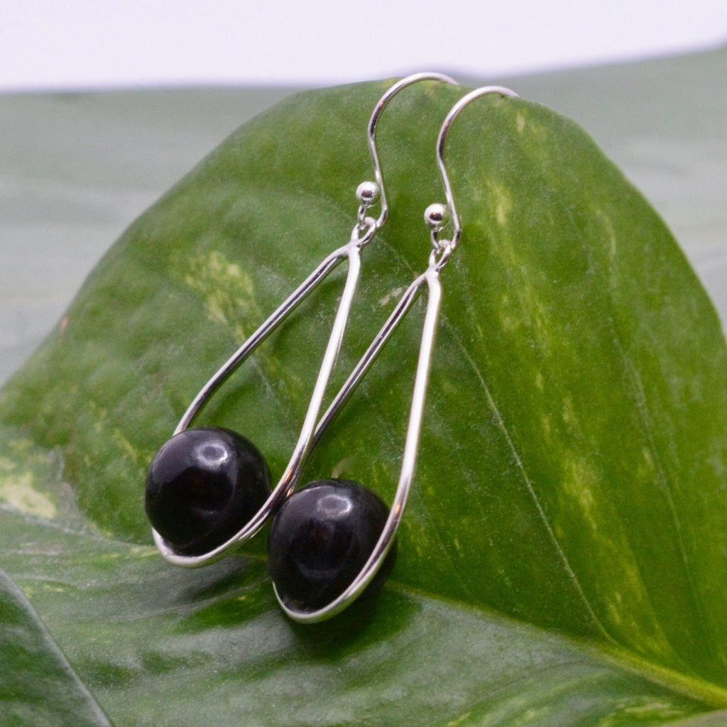 Lagrima Earrings with Patacón Seed - teardrop dangle sterling silver earrings ecofriendly earrings organic earrings black pearl