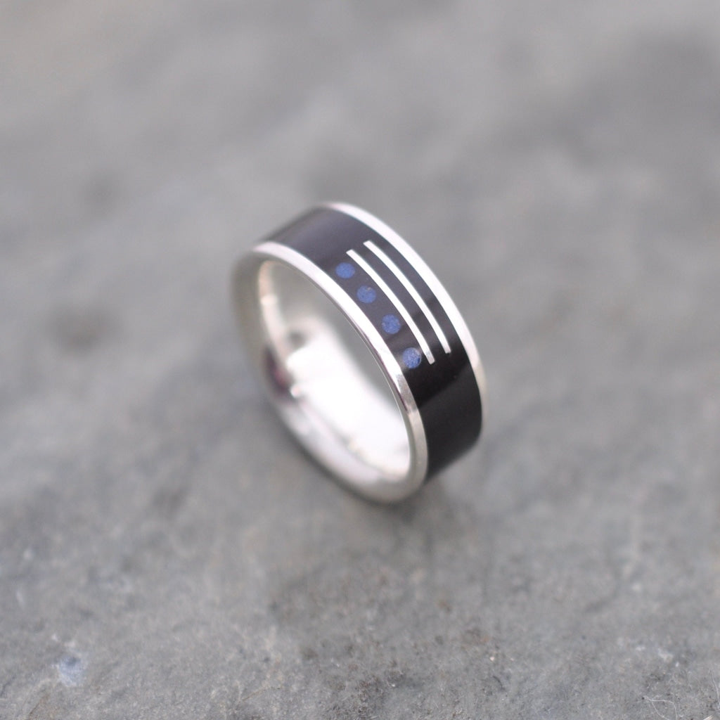 Sustainable Mayan numerology ring with lapis lazuli and recycled silver