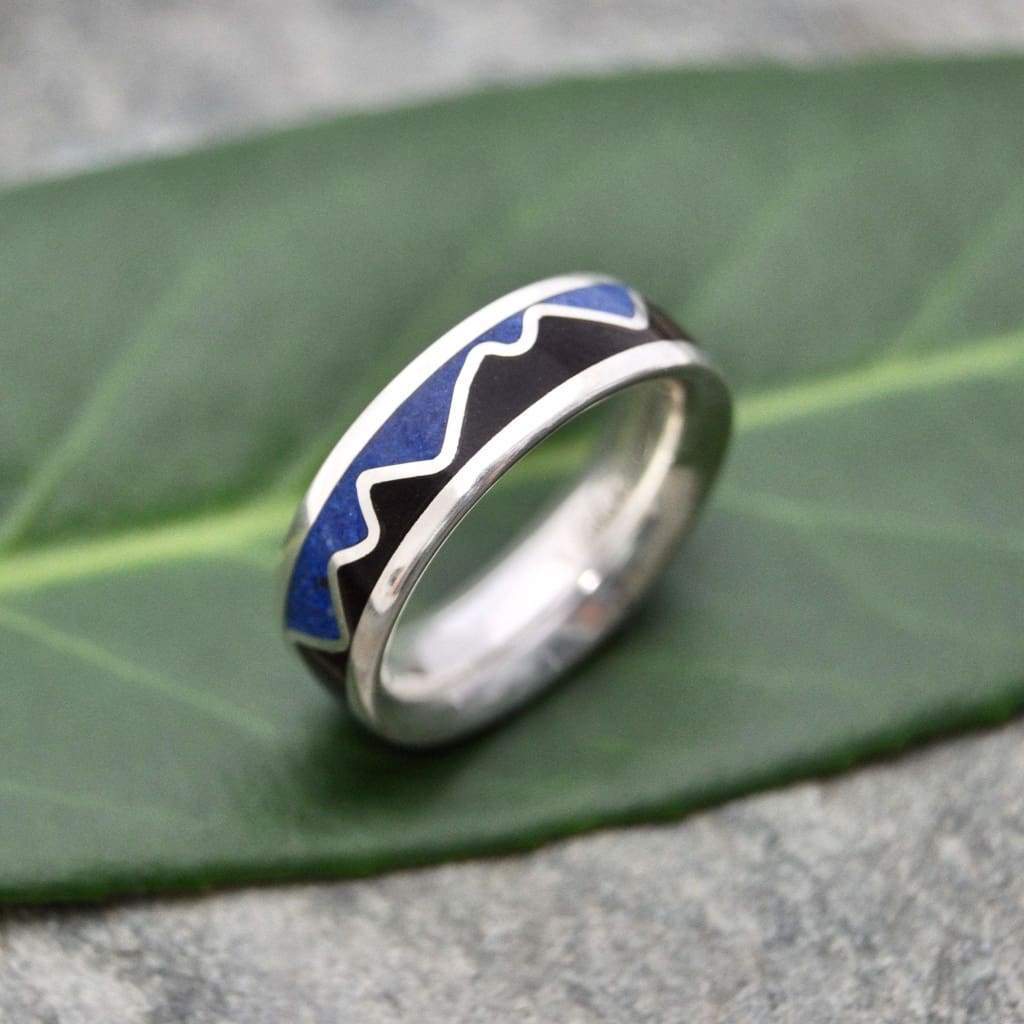 Lapis lazuli wood ring with walnut and mountain range inlay, sterling silver