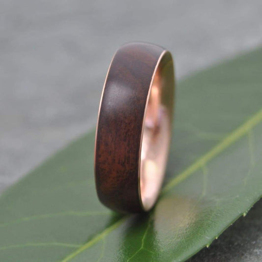 Siempre laurel macho wood wedding band with recycled rose gold interior