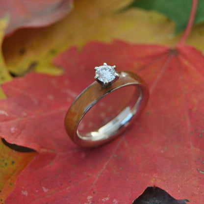 Lignum vitae diamond wood engagement ring in durable Guayacan wood top view