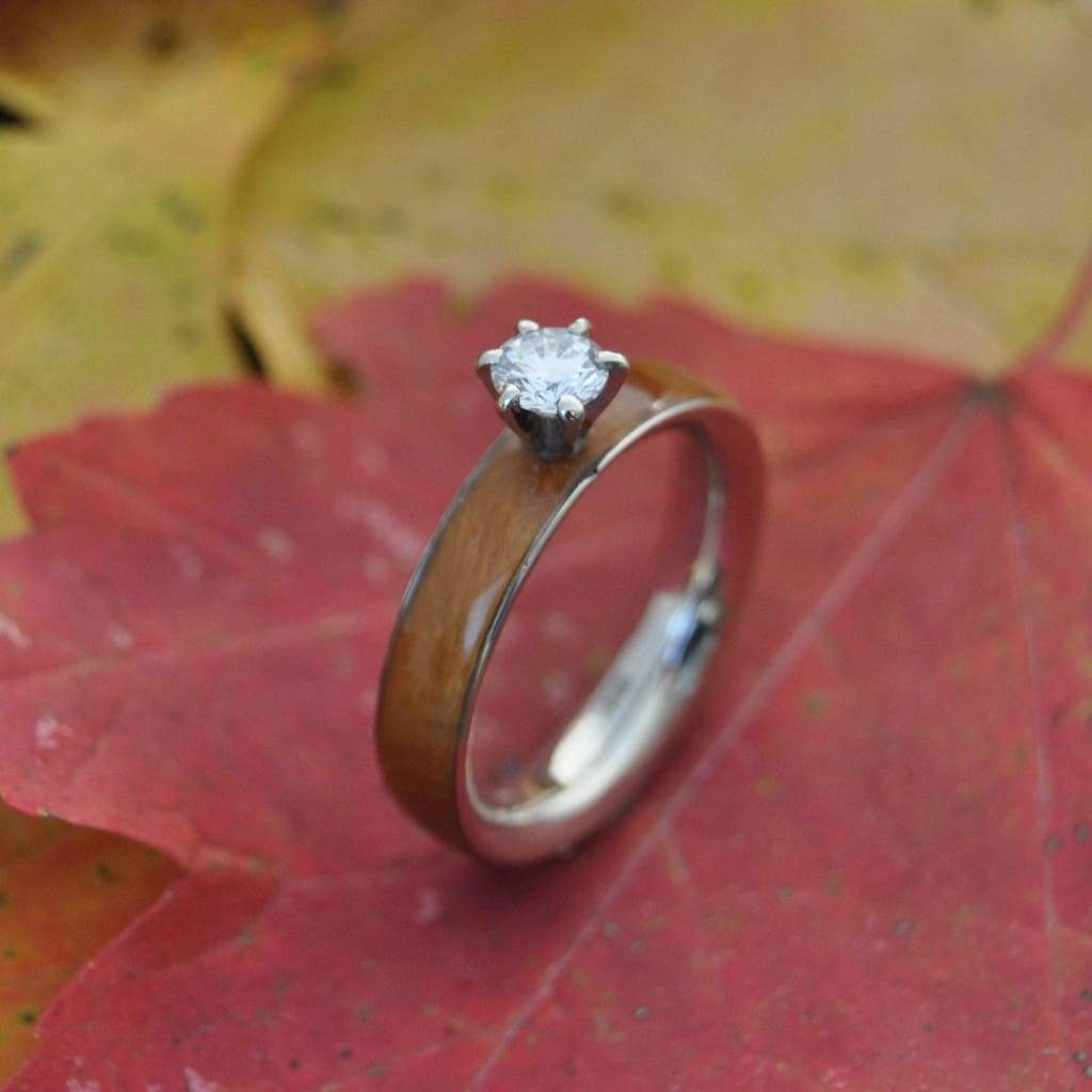Lignum vitae diamond wood engagement ring in durable Guayacan wood close up of grain