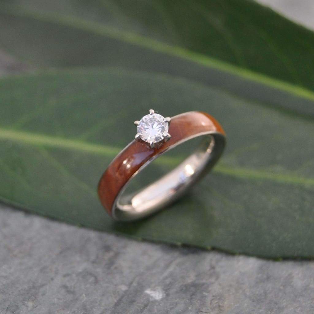 Lignum vitae diamond wood engagement ring in durable Guayacan wood handmade in Louisville KY
