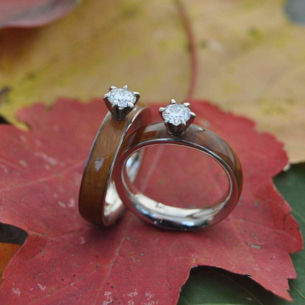 Lignum vitae diamond wood engagement ring in durable Guayacan wood on natural background