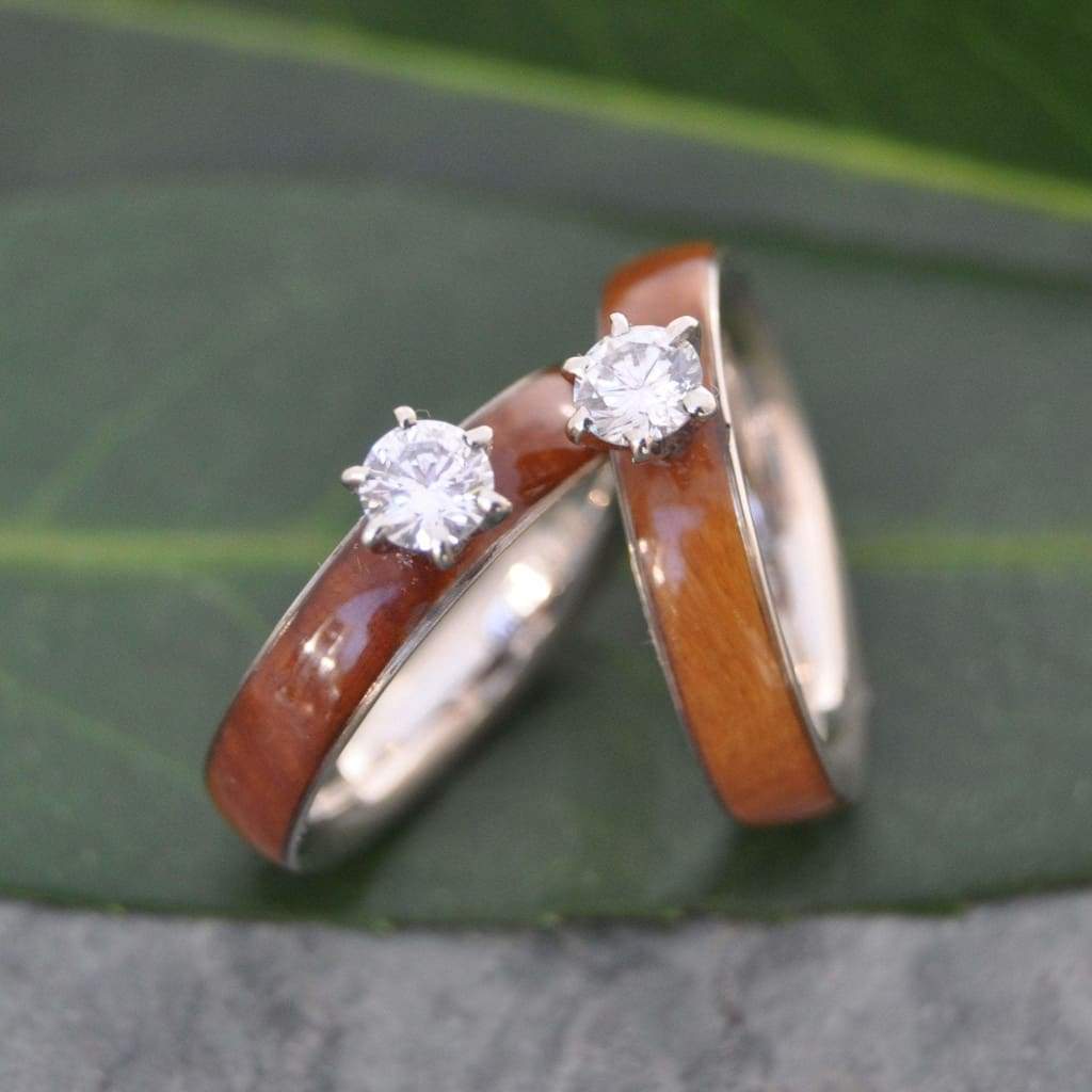 Lignum vitae diamond wood engagement ring in durable Guayacan wood detail view