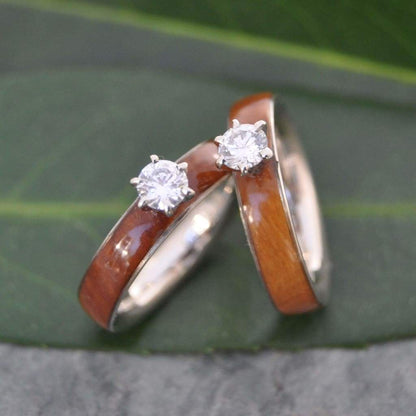 Lignum vitae diamond wood engagement ring in durable Guayacan wood detail view