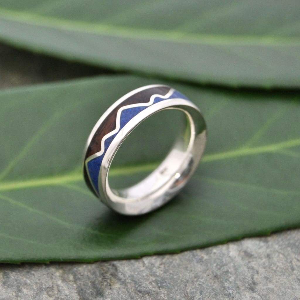 Mens wood wedding band with lapis lazuli and walnut, mountain range design