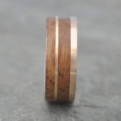 Handcrafted mens ring with bourbon barrel wood and recycled 14k yellow gold