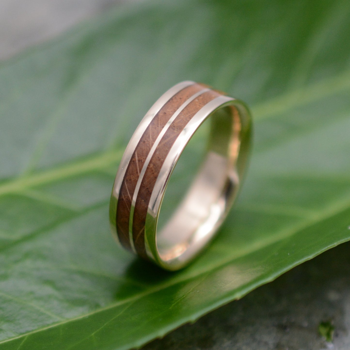 Mens bourbon barrel wood wedding band with 14k recycled yellow gold