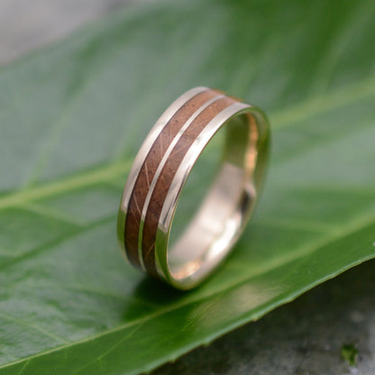 Mens bourbon barrel wood wedding band with 14k recycled yellow gold