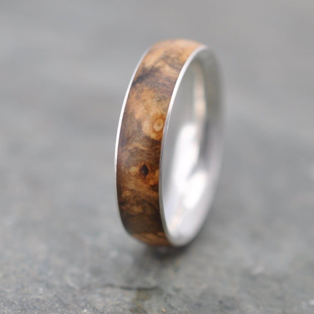 men's wood wedding band with burl wood