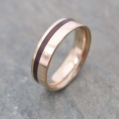 Mens gold wood wedding ring with cocobolo wood and 14k recycled yellow gold