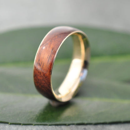 Mens koa wood wedding ring with 14k recycled yellow gold