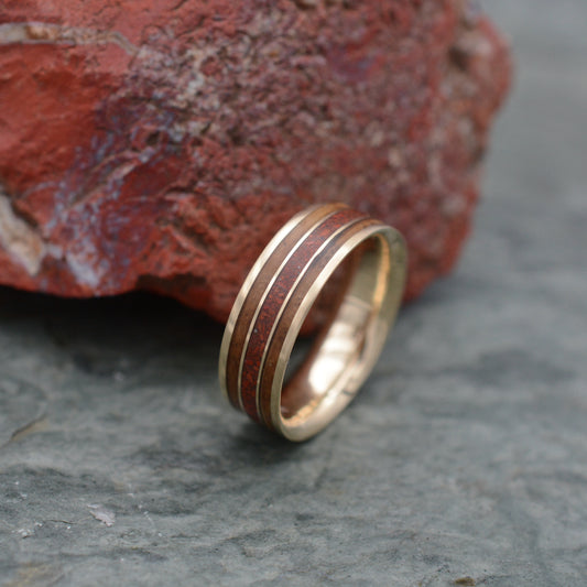 Bourbon barrel wood ring with crushed red jasper stone inlay and yellow gold