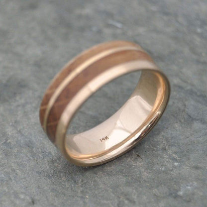 Unique mens wedding ring with Kentucky bourbon barrel and recycled yellow gold