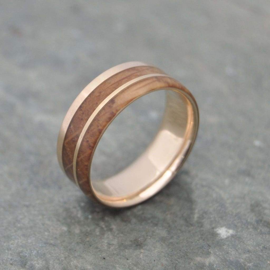 Custom mens bourbon barrel wedding band with recycled yellow gold, made to order