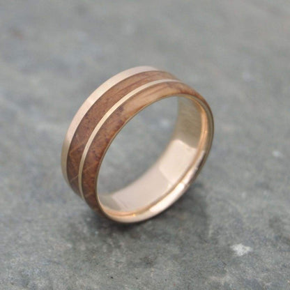 Custom mens bourbon barrel wedding band with recycled yellow gold, made to order