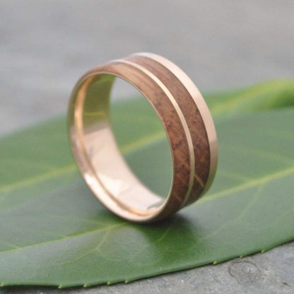 Bourbon barrel wood wedding band with offset yellow gold inlay