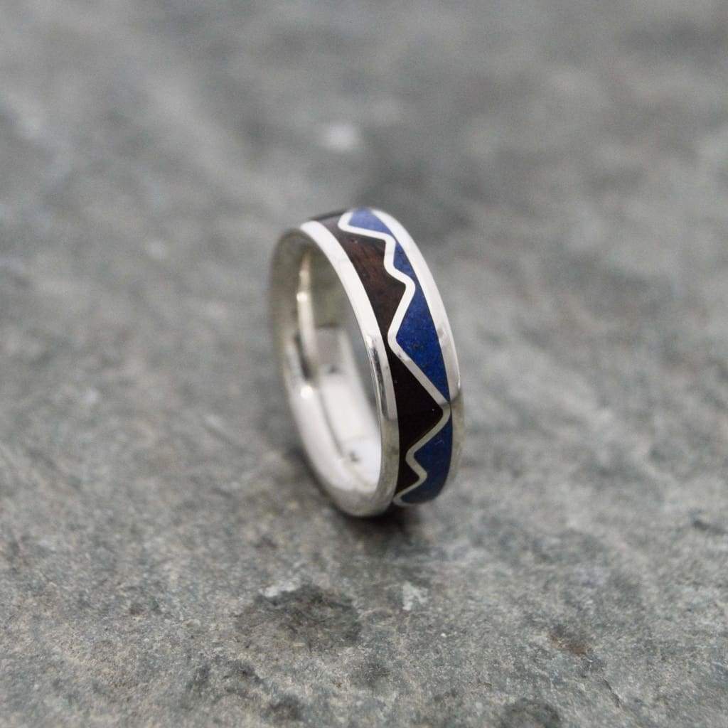 Mountain Range Lapiz Wood Ring, Lapis Lazuli Mountain Inlay Ring - Naturaleza Organic Jewelry & Wood Rings