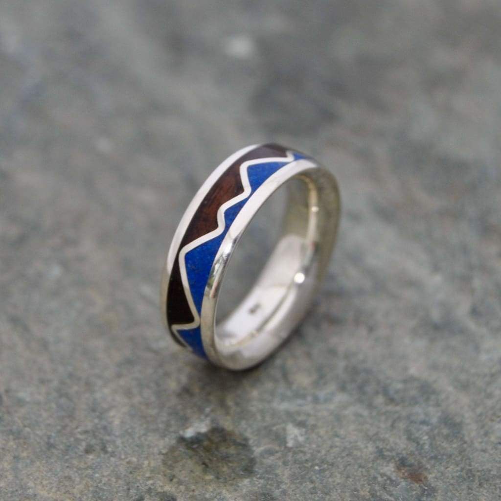 Mountain Range Lapiz Wood Ring, Lapis Lazuli Mountain Inlay Ring - Naturaleza Organic Jewelry & Wood Rings