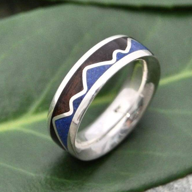 Wood wedding ring with lapis lazuli stone mountain inlay and walnut