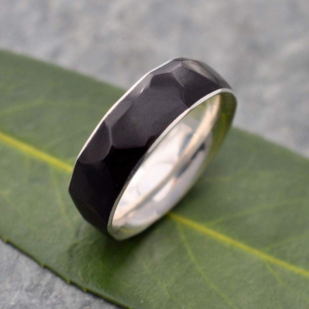 Sustainable sterling silver wood ring with black coyol multifaceted design
