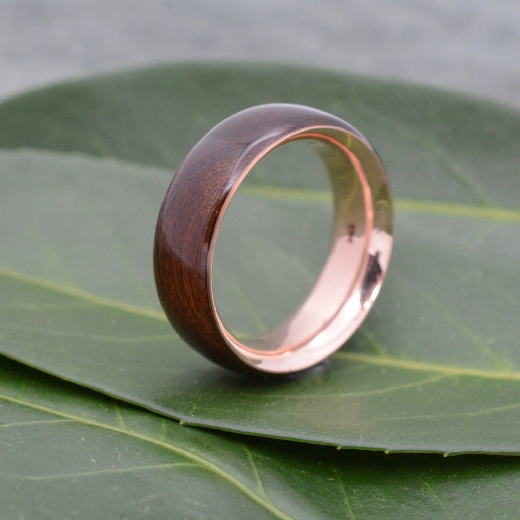 Sustainable rose gold wood ring with nacascolo, Siempre design