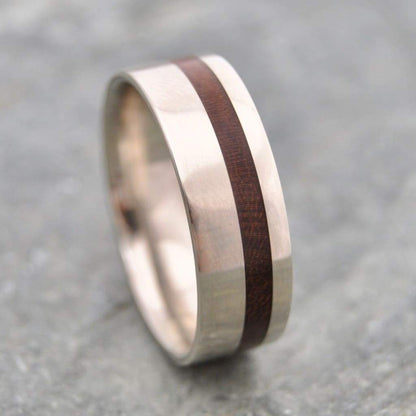 men's wood wedding band with solid white gold