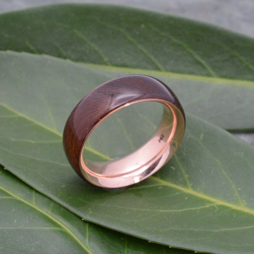 Handcrafted mens wood wedding band with solid rose gold and nacascolo wood