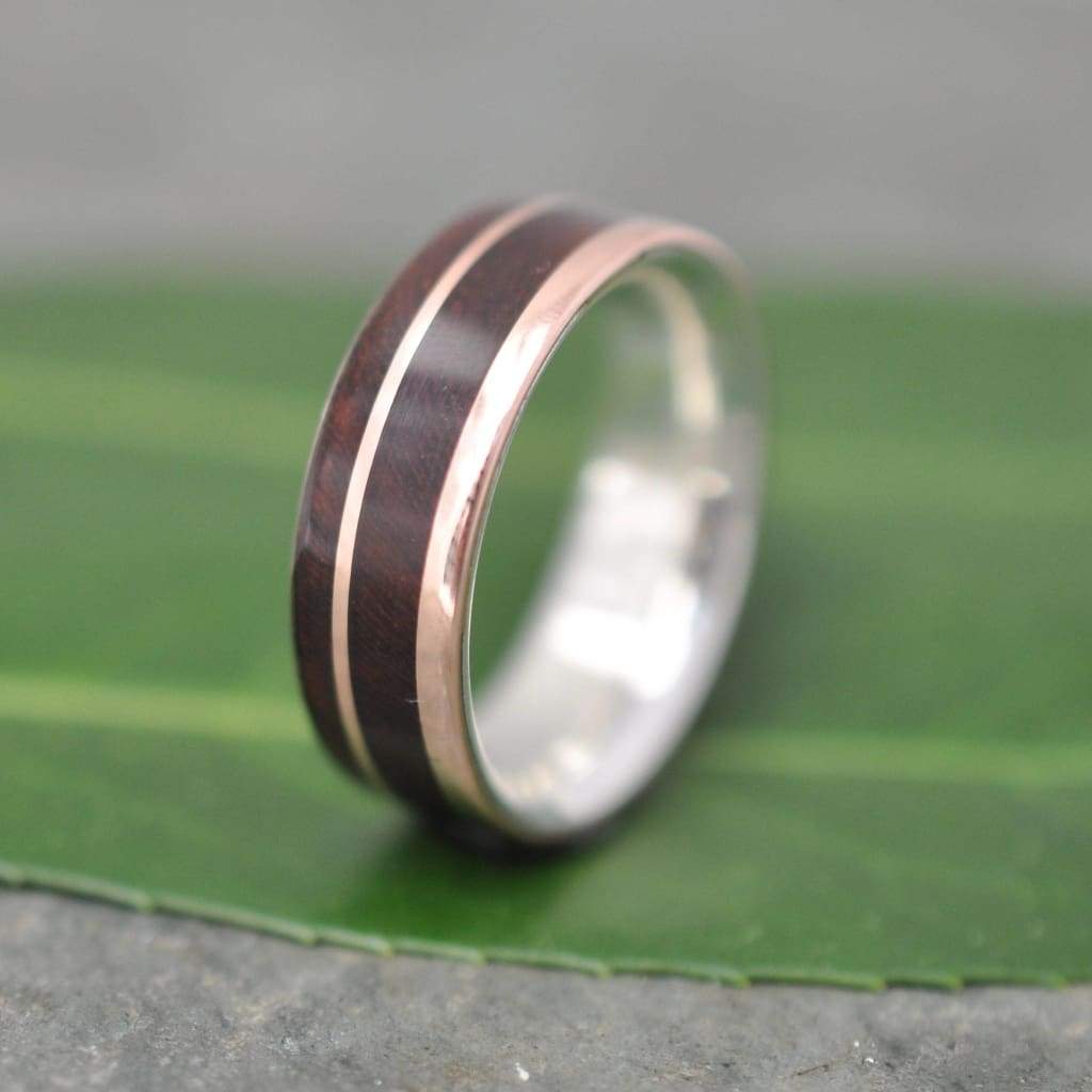 Asymmetric rose gold wood mens wedding band with nacascolo and silver