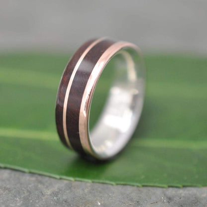 Asymmetric rose gold wood mens wedding band with nacascolo and silver