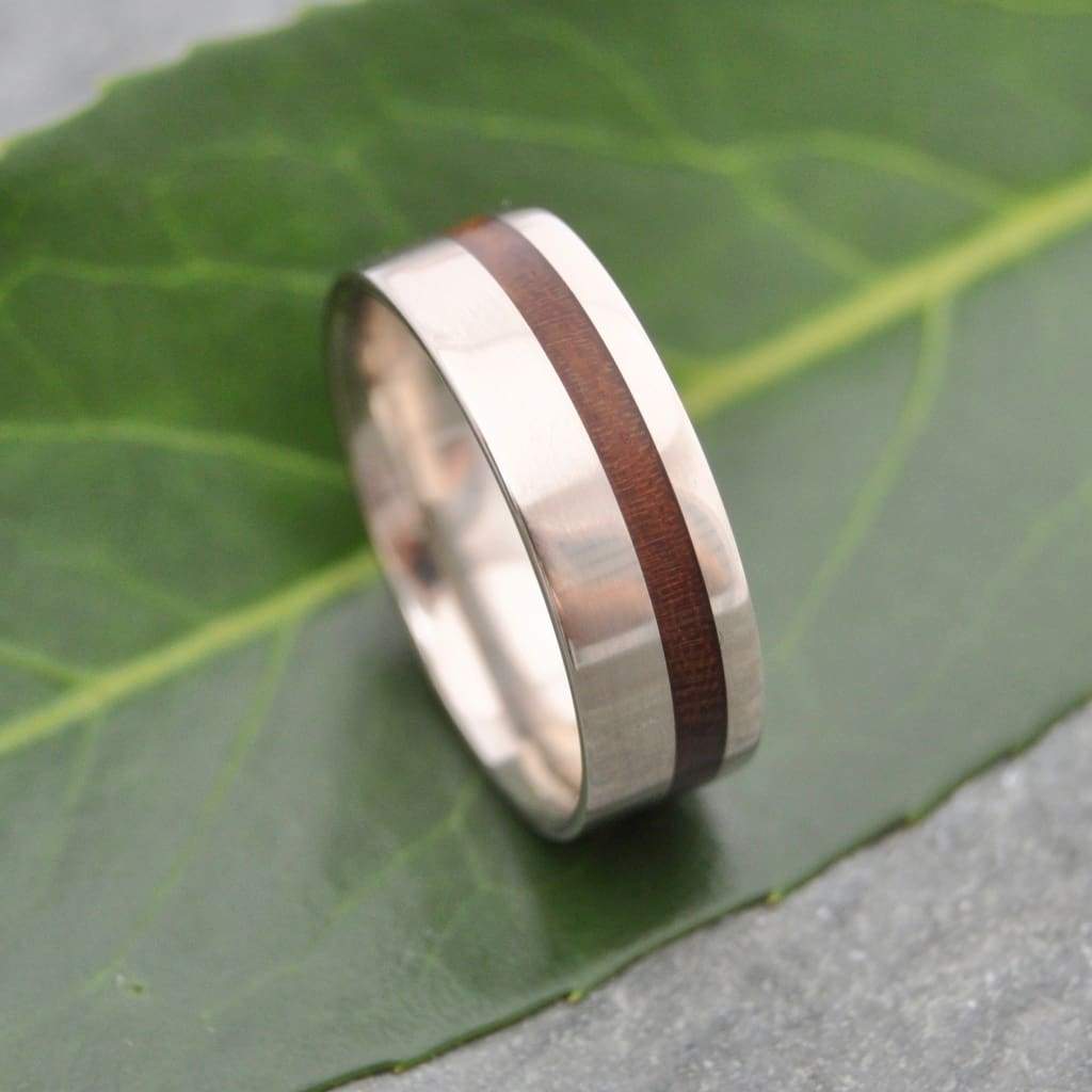 recycled 14k white gold wedding ring with sustainable nacascolo wood