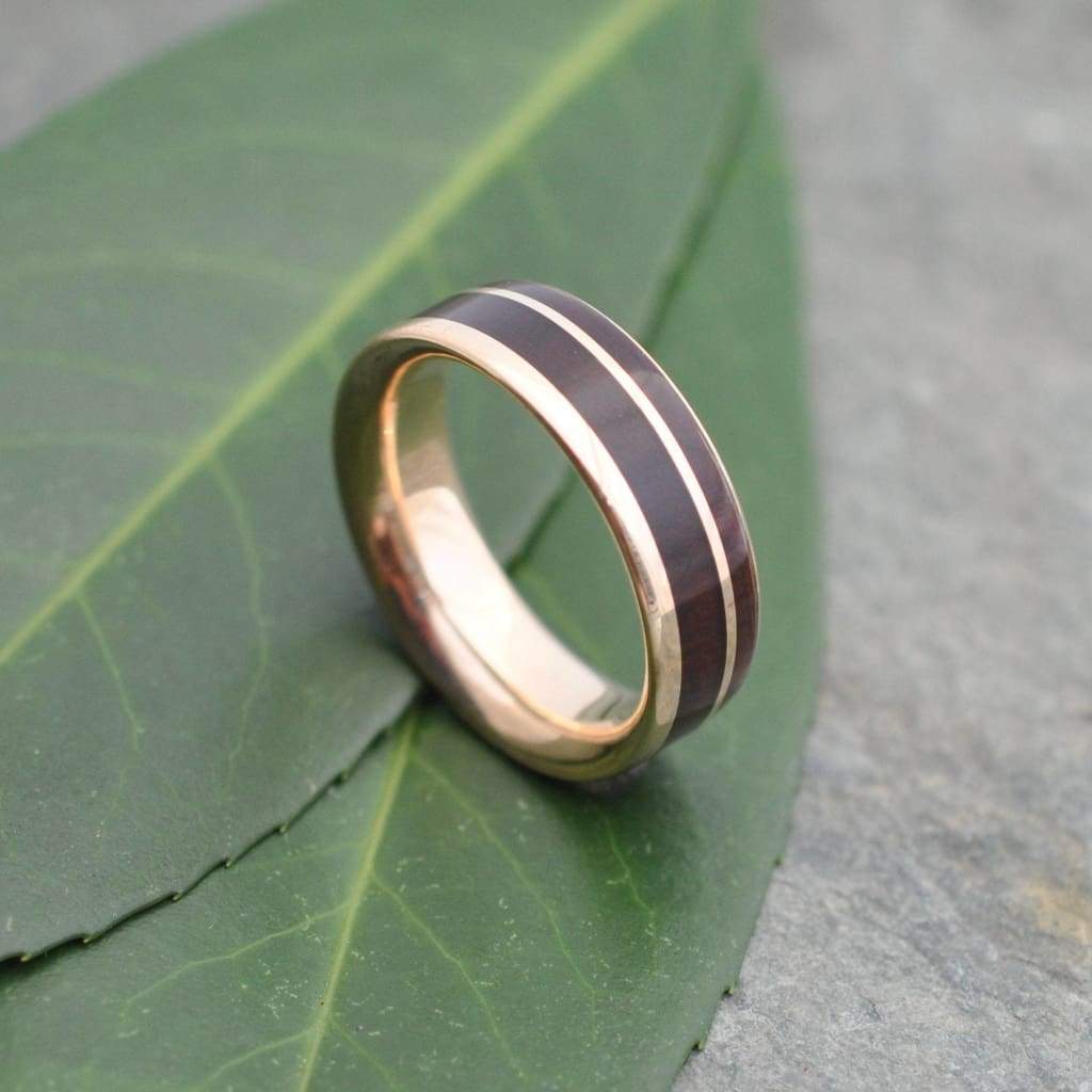 Comfort fit nacascolo wood and yellow gold ring, made in Louisville KY