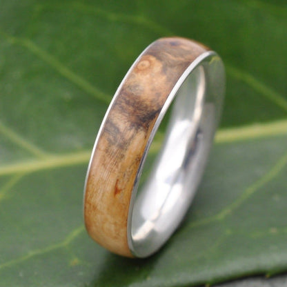 natural cypress burl wood wedding ring with recycled sterling silver
