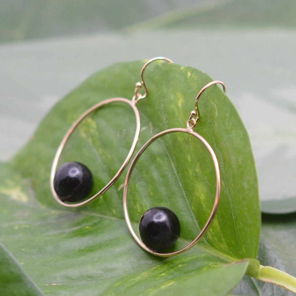 Orbit Earrings with Patacón Seed and Yellow Gold - circle dangle gold earrings eco friendly earrings organic earrings black pearl Earrings