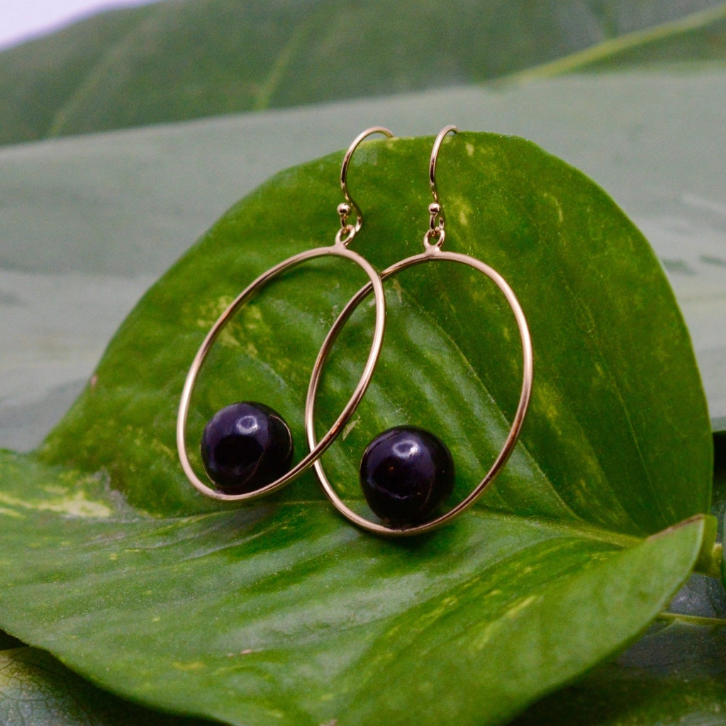 Orbit Earrings with Patacón Seed and Yellow Gold - circle dangle gold earrings eco friendly earrings organic earrings black pearl Earrings