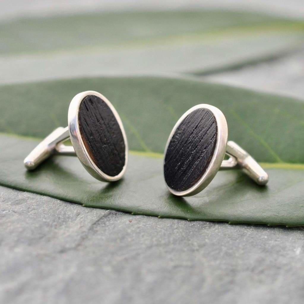 Oval Charred Bourbon Barrel Cufflinks in Sterling Silver, Whiskey Barrel Cufflinks - Naturaleza Organic Jewelry & Wood Rings